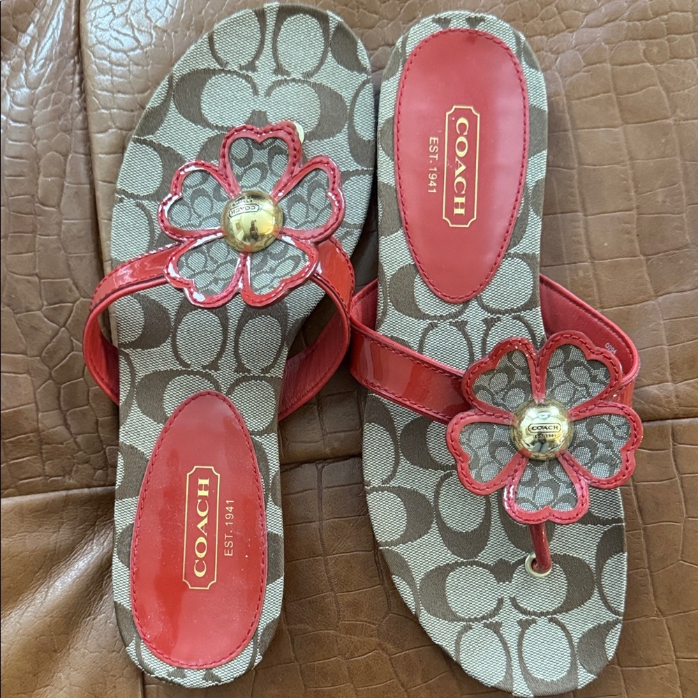 Coach Red and Brown Floral Sandals